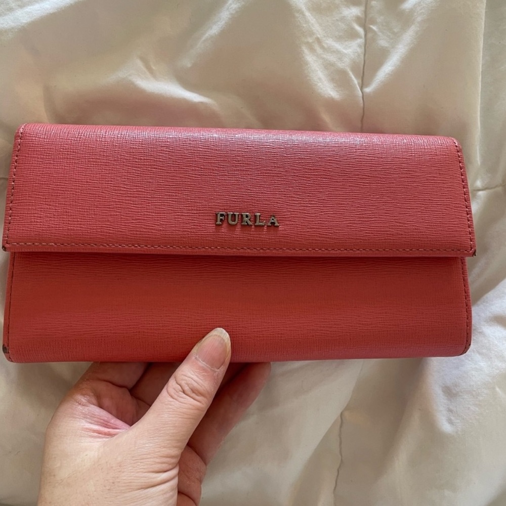 Furla two-fold long wallet L-shaped zipper coin purse pink leather for Ladies